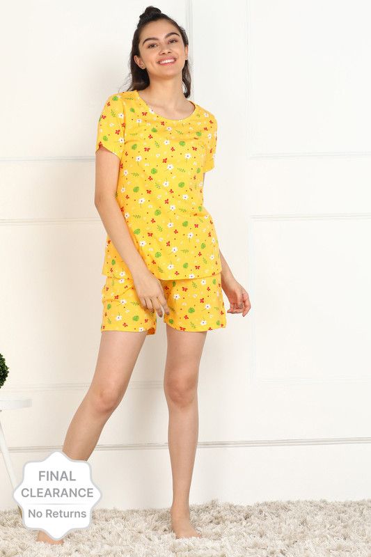 Women Top & Shorts Set Yellow Floral Print