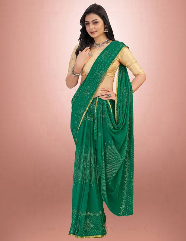 Printed, Self Design, Embellished Bandhani Jacquard, Cotton Silk Saree  (Green)