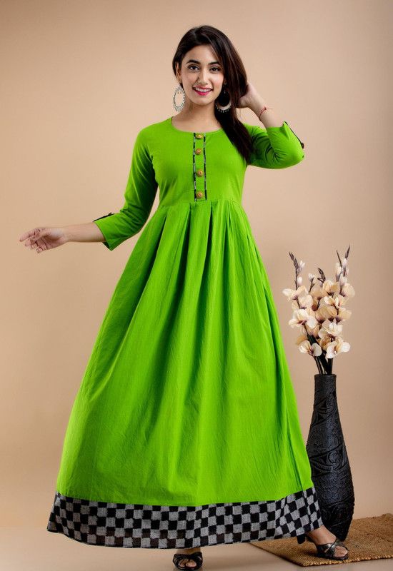 Women Self Design Pure Cotton Anarkali Kurta  (Green)