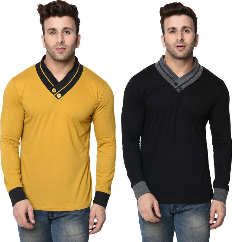 Pack of 2 Men Colorblock Shawl Neck Cotton Blend Black, Yellow T-Shirt