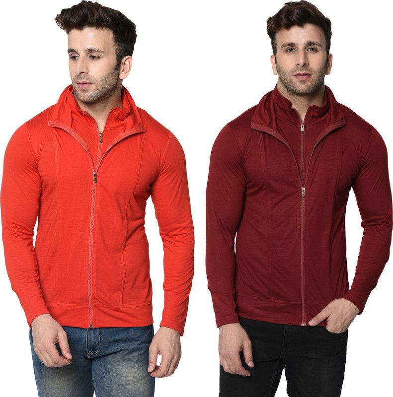 Pack of 2 Turtle Neck T-Shirt Combo Pack Men Solid Turtle Neck Cotton Blend Red, Maroon T-Shirt