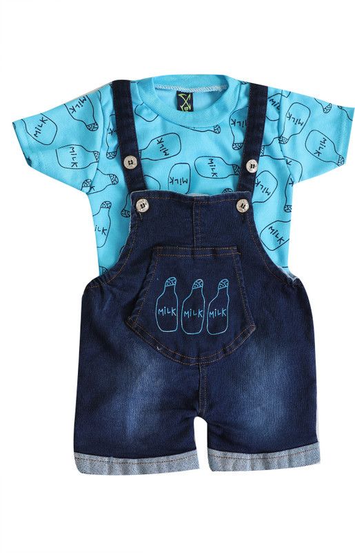 Dungaree For Boys & Girls Casual Printed Cotton Blend  (Light Blue, Pack of 1)