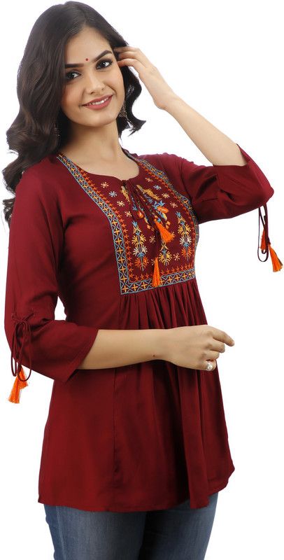Women Embroidered Viscose Rayon Cape Top Kurta  (Maroon)