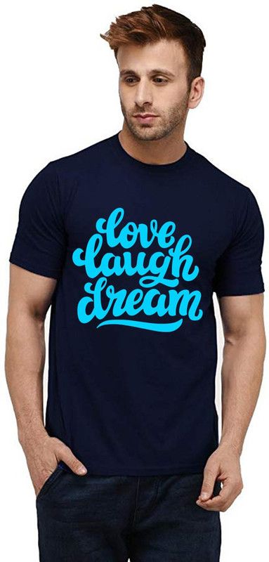 Love Laugh Dream Men Printed Round Neck Pure Cotton Dark Blue T-Shirt