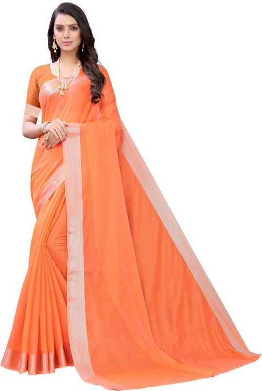 Solid Chanderi Cotton Silk Saree  (Orange)
