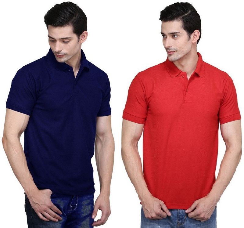 Pack of 2 Men Solid Polo Neck Cotton Blend Red, Navy Blue T-Shirt