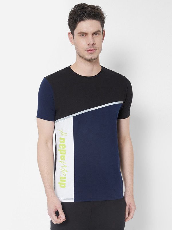 Men Geometric Print Crew Neck Cotton Blend Blue T-Shirt