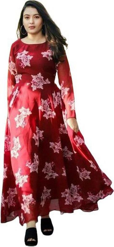 Women Floral Print Georgette A-line Kurta  (Red)