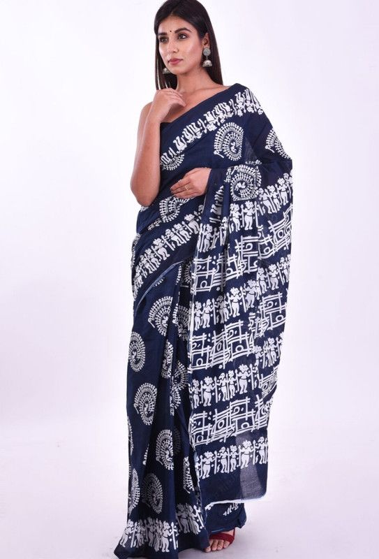 Printed Bollywood Pure Cotton Saree  (Blue, White)