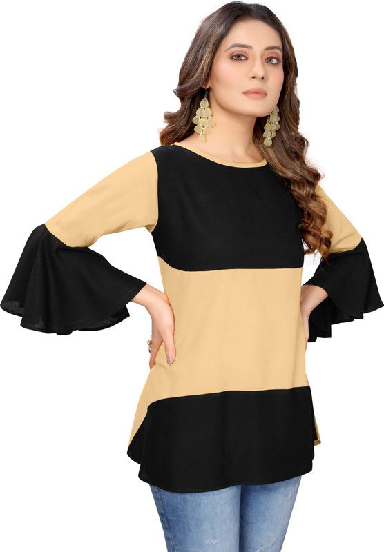 Casual Bell Sleeves Solid Women Black, Beige Top