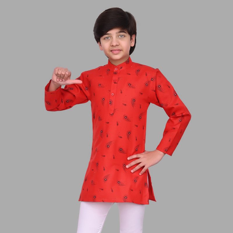 Boys Printed Pure Cotton Straight Kurta  (Red)
