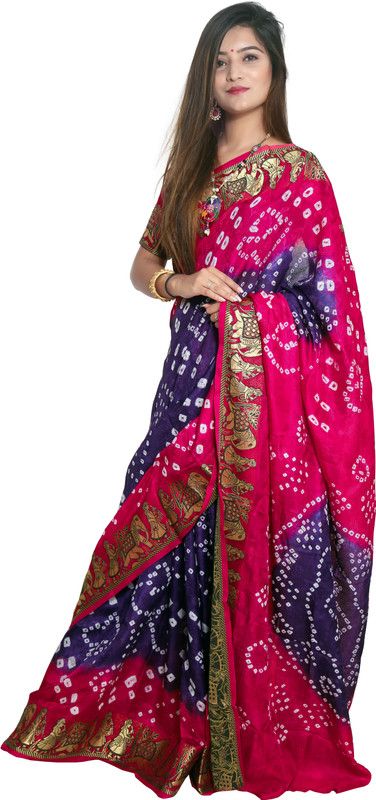 Woven Bandhani Silk Blend Saree  (Blue, Pink)