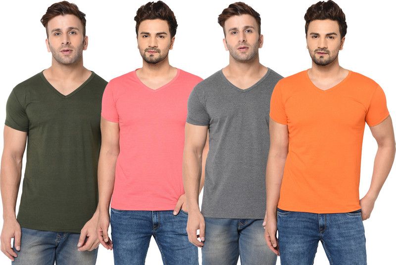 Pack of 4 Men Solid V Neck Cotton Blend Green, Pink, Orange, Grey T-Shirt