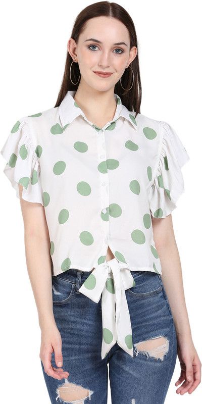 Casual Flared Sleeves Printed Women Green, White Top