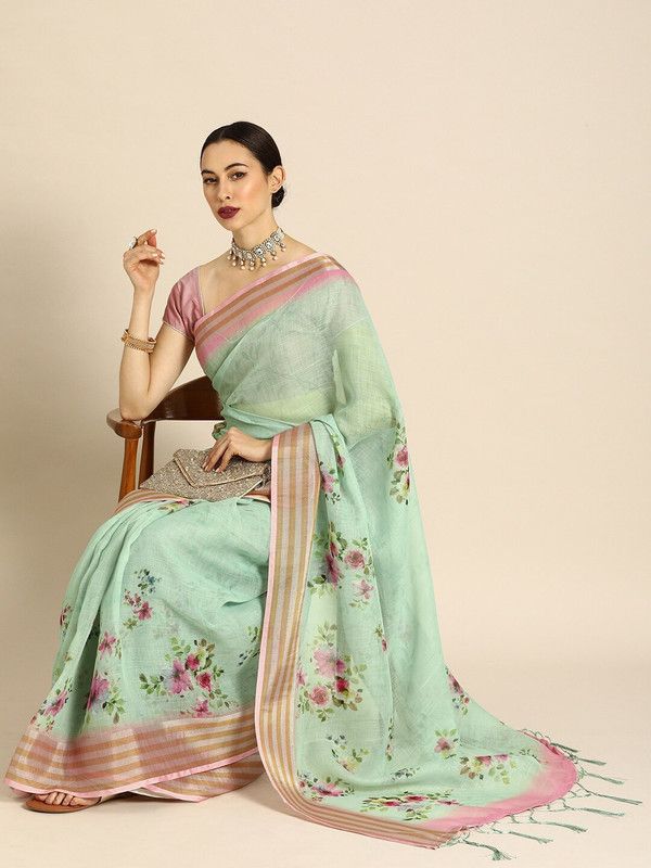 Printed Bhagalpuri Cotton Linen Saree  (Green)
