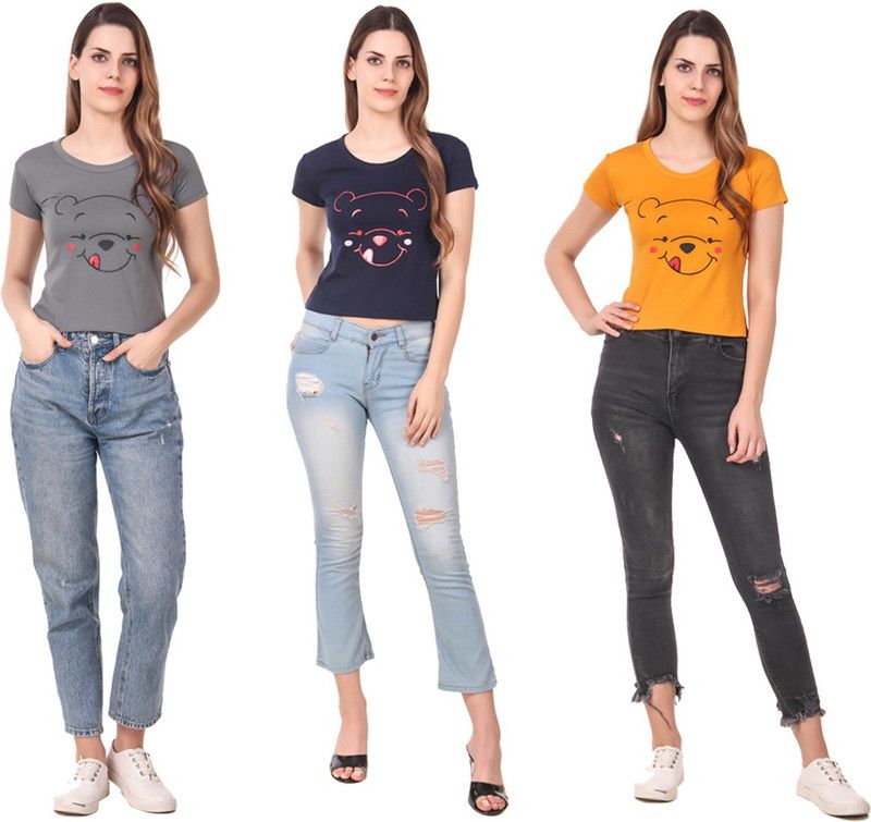 Pack of 3 Women Printed Round Neck Cotton Blend Blue, Grey, Yellow T-Shirt