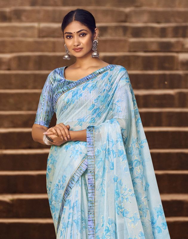 Floral Print, Geometric Print, Embellished, Printed Bollywood Chiffon Saree  (White)