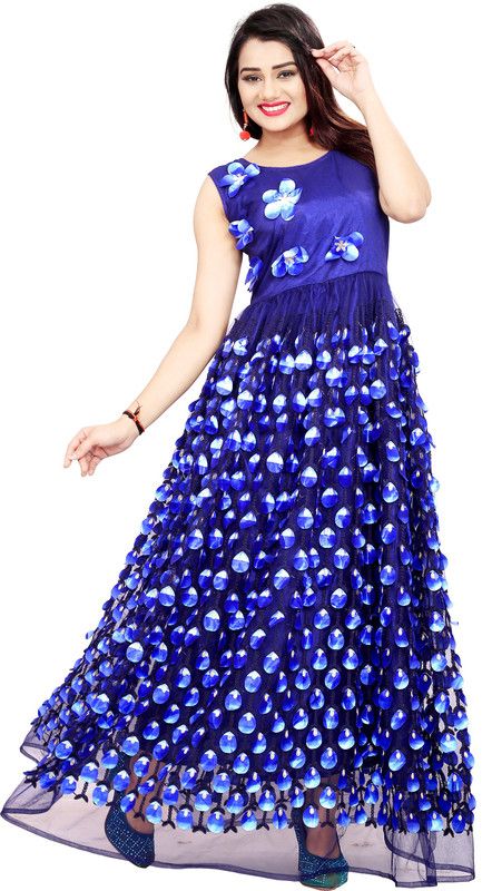 Embroidered Net Stitched Anarkali Gown  (Blue)