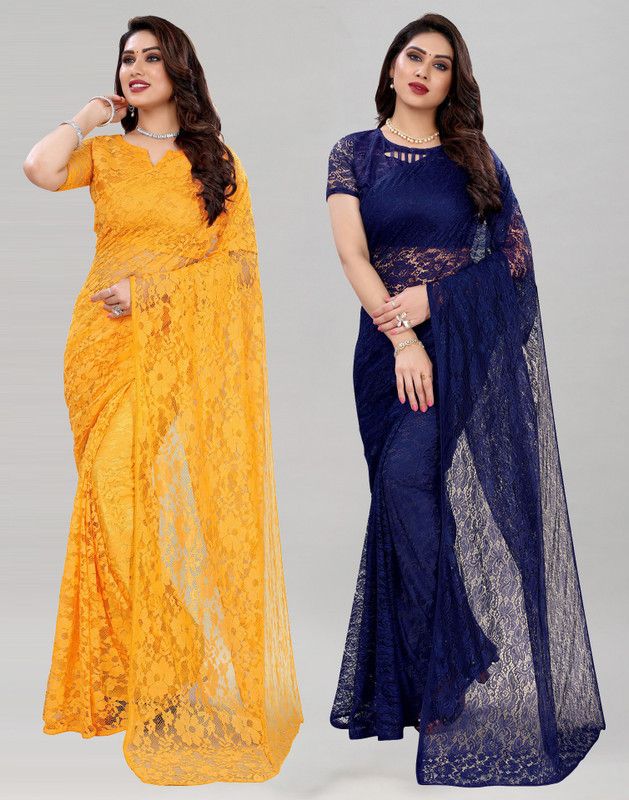 Self Design Lucknow Chikankari Net Saree  (Pack of 2, Blue, Yellow)