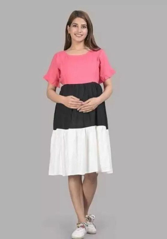 Women Fit and Flare Black, White, Pink Dress