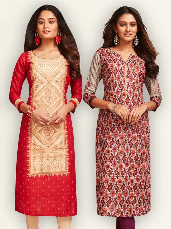 Pack of 2 Women Printed Pure Cotton Straight Kurta  (Multicolor, Red)