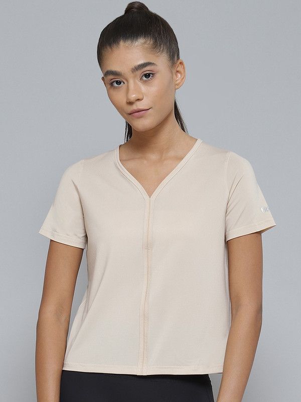 Women Solid V Neck Nylon Beige T-Shirt