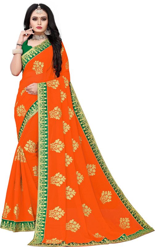 Embroidered Bollywood Georgette Saree  (Green, Gold, Orange)