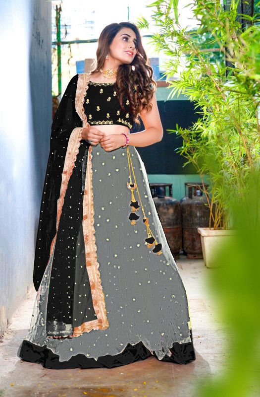 Embroidered Semi Stitched Lehenga Choli  (Black, Grey)