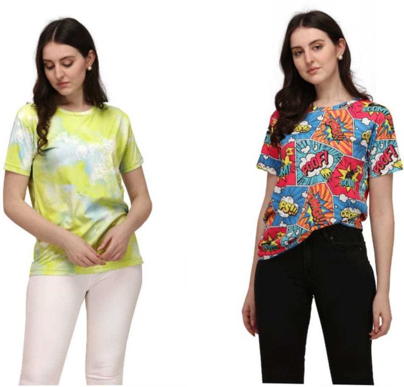 YLW BOM TSHIRT OVER SIZE LYCRA Women Printed Round Neck Elastane Multicolor T-Shirt