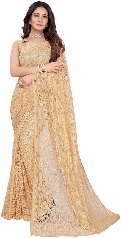 Printed Bollywood Net, Art Silk Saree  (Beige)