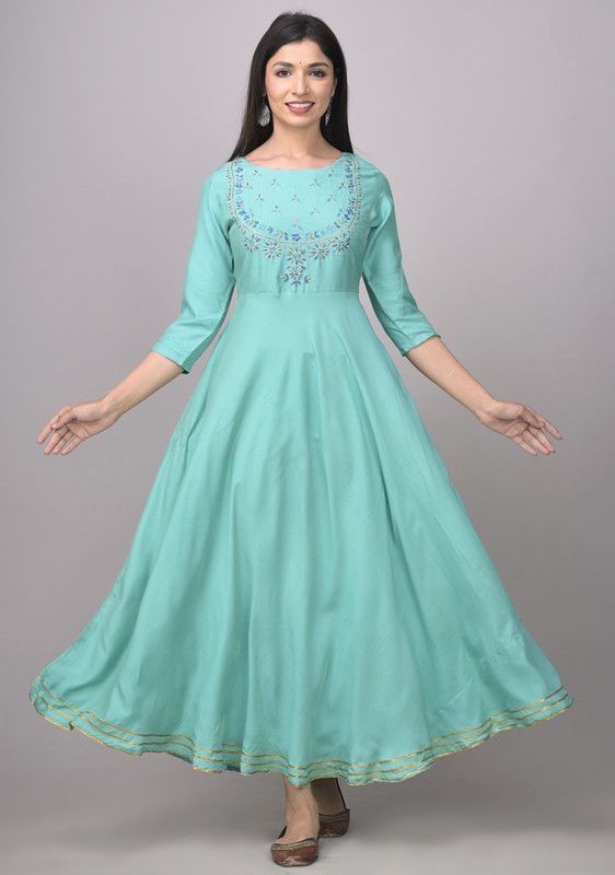 Women Embroidered Modal Flared Kurta  (Green)