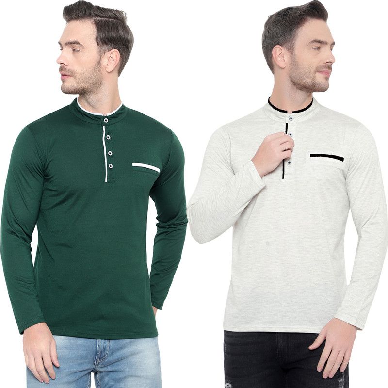 Pack of 2 Men Solid Mandarin Collar Cotton Blend Dark Green, White T-Shirt