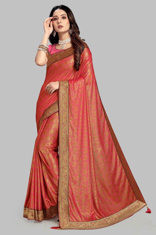 Printed Jamdani Lycra Blend Saree  (Pink)