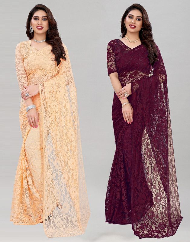 Self Design Lucknow Chikankari Net Saree  (Pack of 2, Purple, Cream)