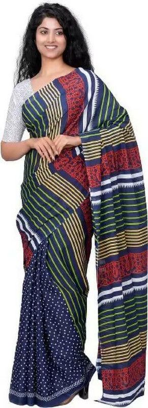 Self Design, Printed, Blocked Printed, Digital Print, Hand Painted Ikkat Pure Cotton Saree  (Blue)
