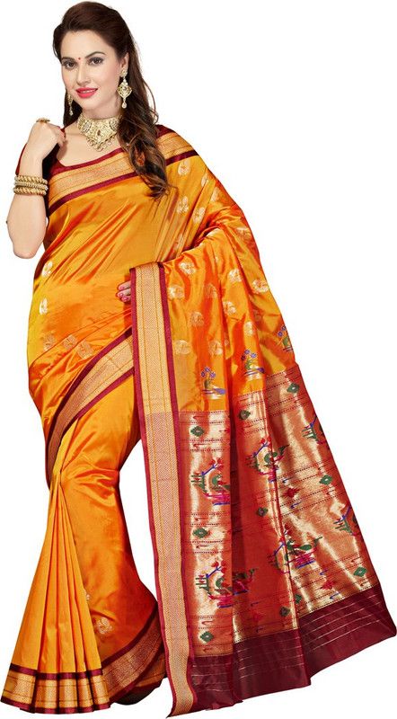 Woven Paithani Art Silk Saree  (Gold, Maroon)