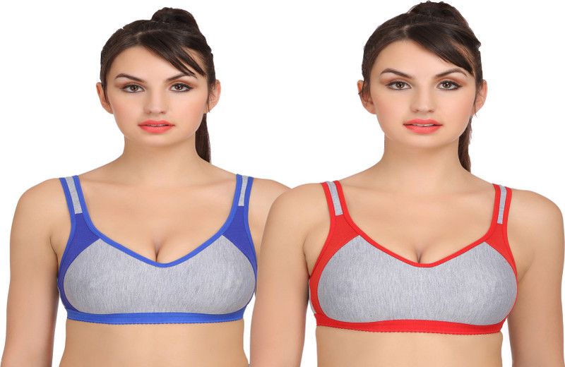 Pack of 2 Women Sports Non Padded Bra  (Red, Blue)