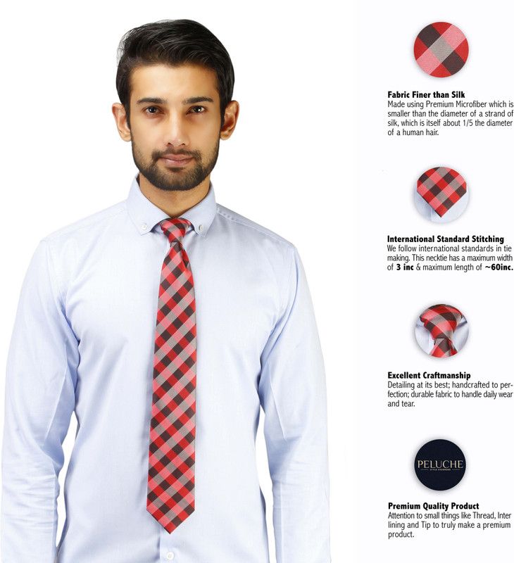 PELUCHE Nifty Red & Dark Brown Colored Microfiber Neck Checkered Men Tie