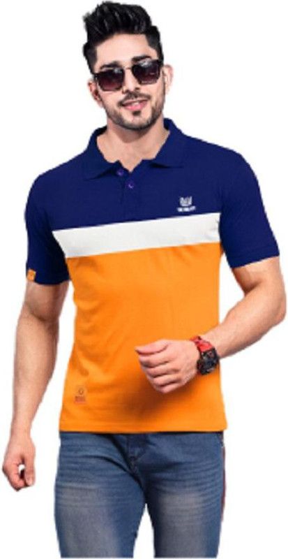 Men Color Block Round Neck Cotton Blend Orange T-Shirt