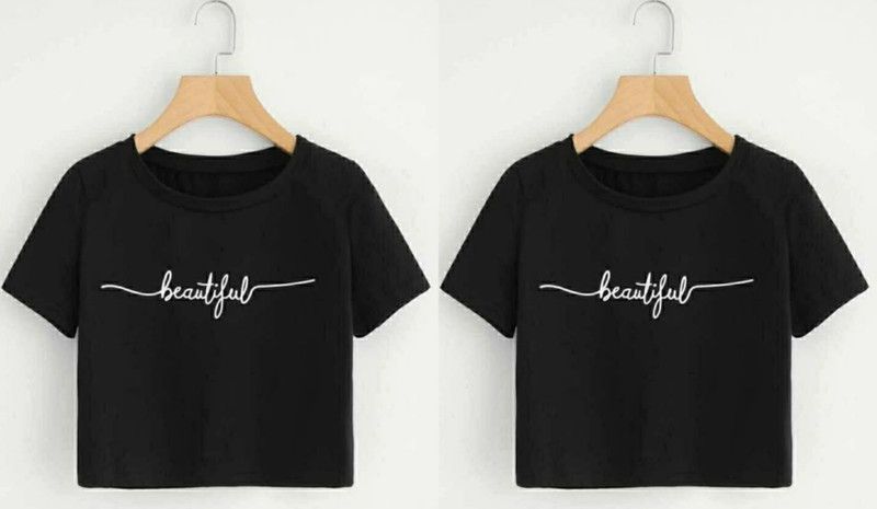 Pack of 2 Women Typography Round Neck Cotton Blend Black T-Shirt
