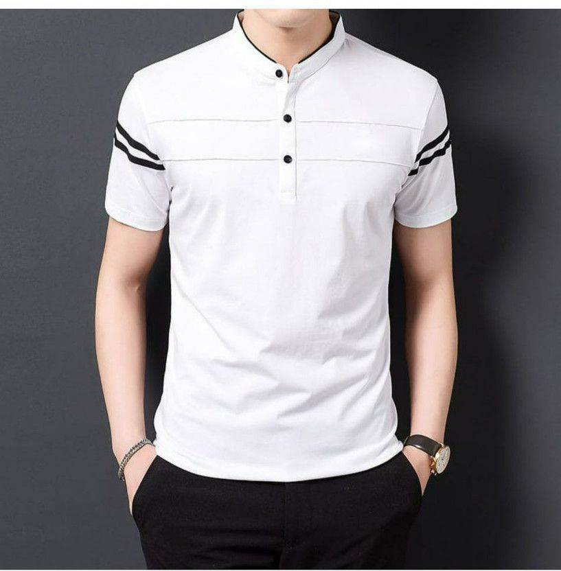 Men Solid Polo Neck Cotton Blend White T-Shirt
