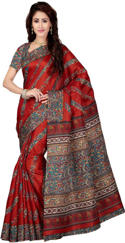Printed Kalamkari Cotton Blend, Art Silk Saree  (Orange)