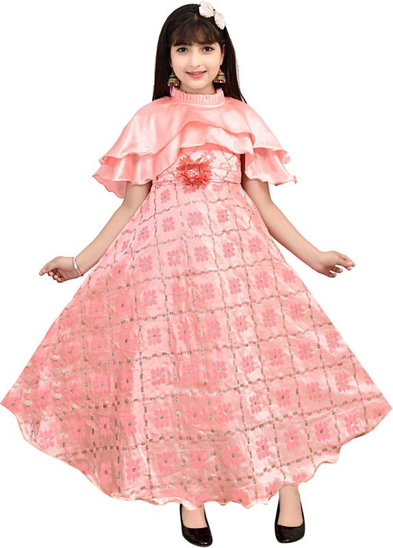 Girls Maxi/Full Length Party Dress  (Pink, Short Sleeve)
