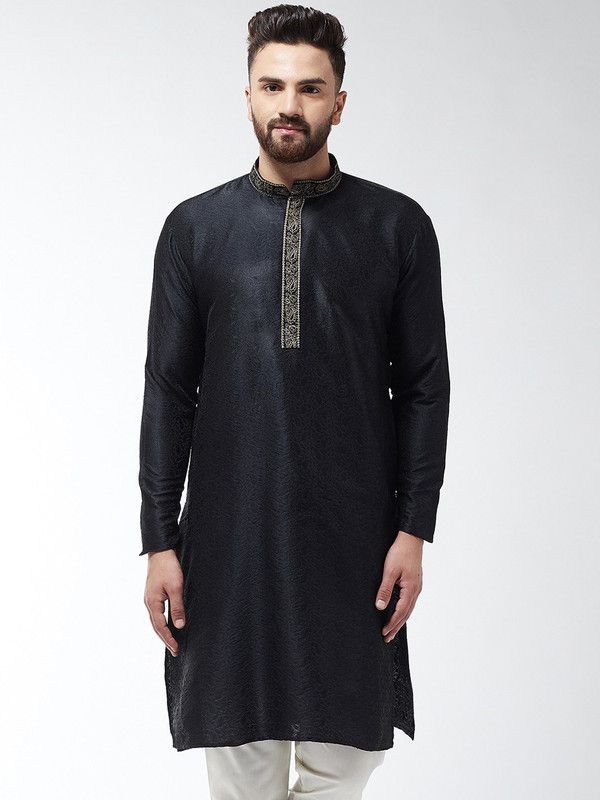 Men Printed Silk Blend Straight Kurta  (Black)