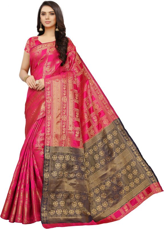 Checkered Bollywood Cotton Blend Saree  (Pink)