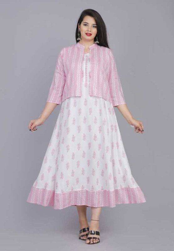 Women Floral Print Viscose Rayon Anarkali Kurta  (White, Pink)