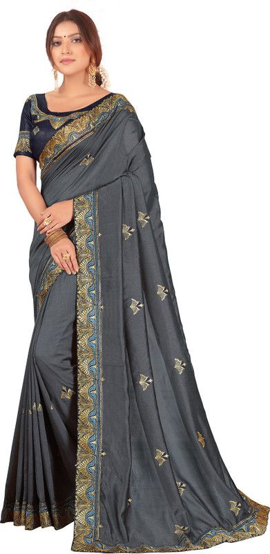 Embroidered Bollywood Art Silk Saree  (Grey)
