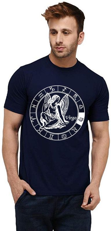 Virgo Men Printed Round Neck Pure Cotton Dark Blue T-Shirt
