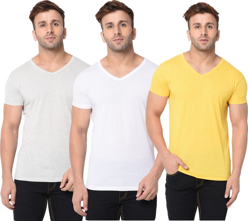 Pack of 3 Men Self Design, Solid V Neck Cotton Blend White, Grey, Yellow T-Shirt