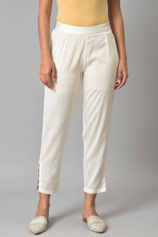 Women Slim Fit White Viscose Rayon Trousers